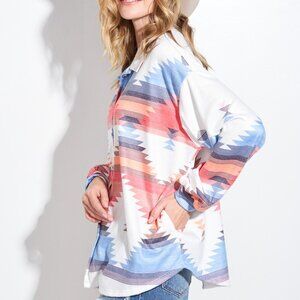 Cabincore Tribal Print Ivory Buttons Collared Shacket Long Sleeves Pockets, L